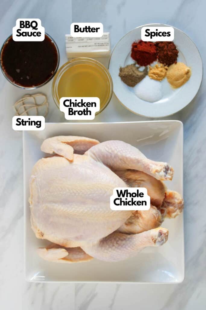 Raw whole baked bbq chicken with various ingredients labeled for preparation, including bbq sauce, butter, spices, chicken broth, and string.