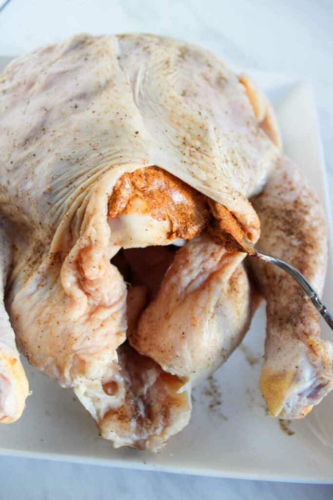 Raw seasoned whole chicken on a plate being prepped for cooking.