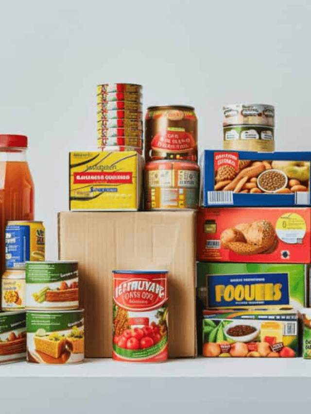Assorted non-perishable food items displayed in front of a cardboard box.