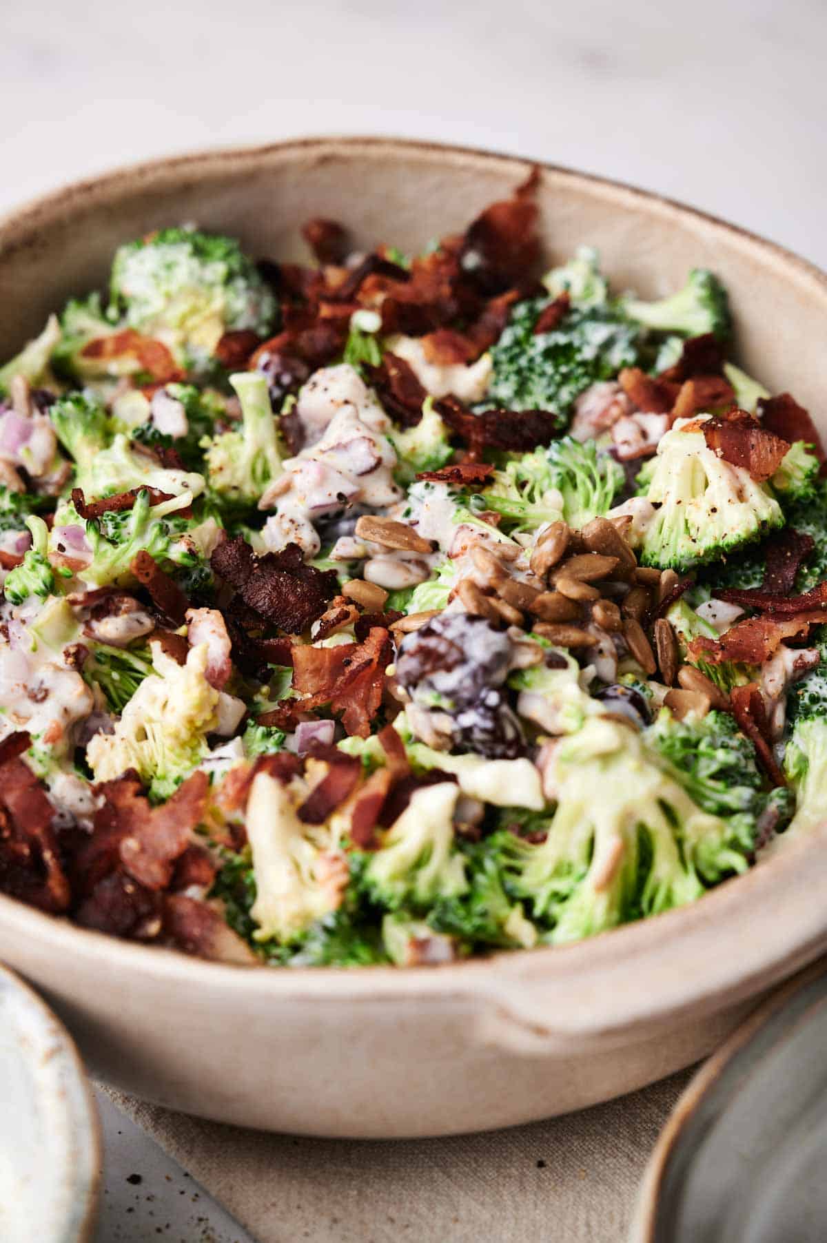 A ceramic bowl filled with broccoli salad, topped with bacon bits, seeds, chopped purple onions, and a creamy dressing.