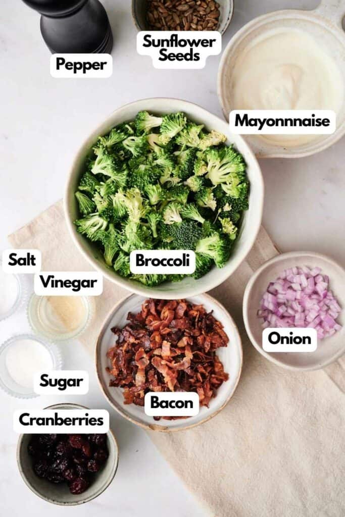 Ingredients for a delectable broccoli salad are laid out on a table, including broccoli, mayonnaise, sunflower seeds, pepper, onion, bacon, cranberries, sugar, vinegar, and salt in bowls.