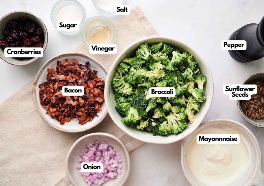 Bowls containing broccoli, bacon, diced onion, cranberries, sunflower seeds, mayonnaise, vinegar, sugar, salt, and pepper are arranged on a table—perfect for making a fresh broccoli salad.
