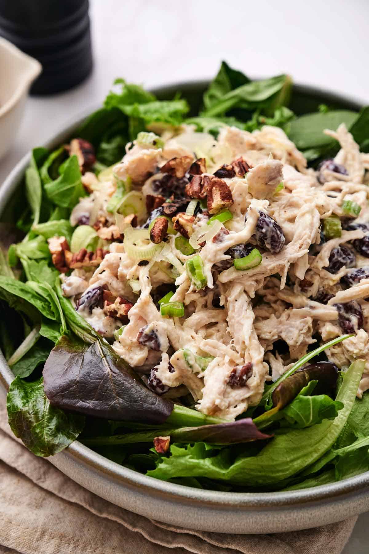 A bowl of chicken salad with shredded chicken, sliced green onions, raisins, chopped pecans, and fresh greens on a textured cloth.