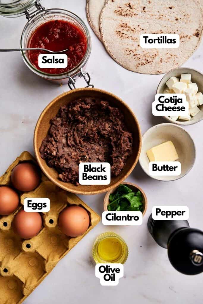 Top-down view of various ingredients labeled for making huevos rancheros: tortillas, salsa, cotija cheese, black beans, eggs, butter, cilantro, pepper, and olive oil.