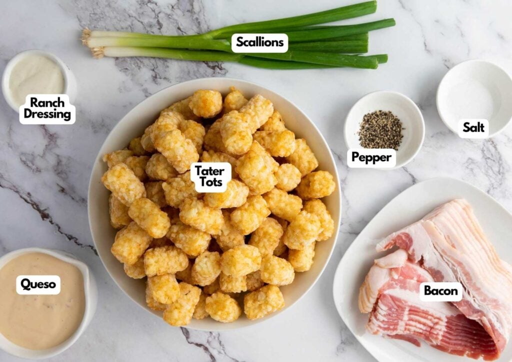 A bowl of Loaded Tater Tots surrounded by scallions, bacon, ranch dressing, queso, salt, and pepper on a marble surface. Each ingredient is labeled.