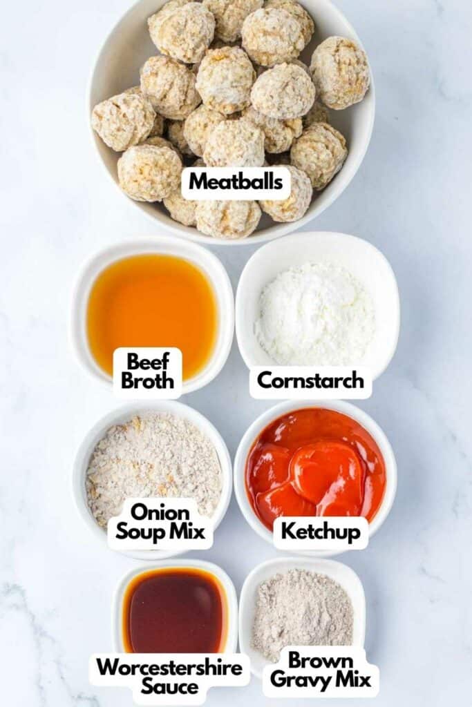 Labeled ingredients for a Slow Cooker Salisbury Steak Meatballs recipe.