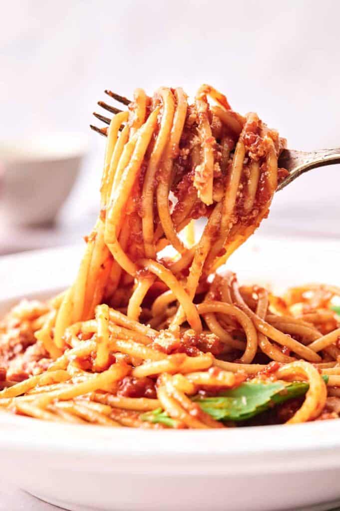 A close-up image of a fork twirling spaghetti with tomato sauce and ground meat, served on a white plate.
