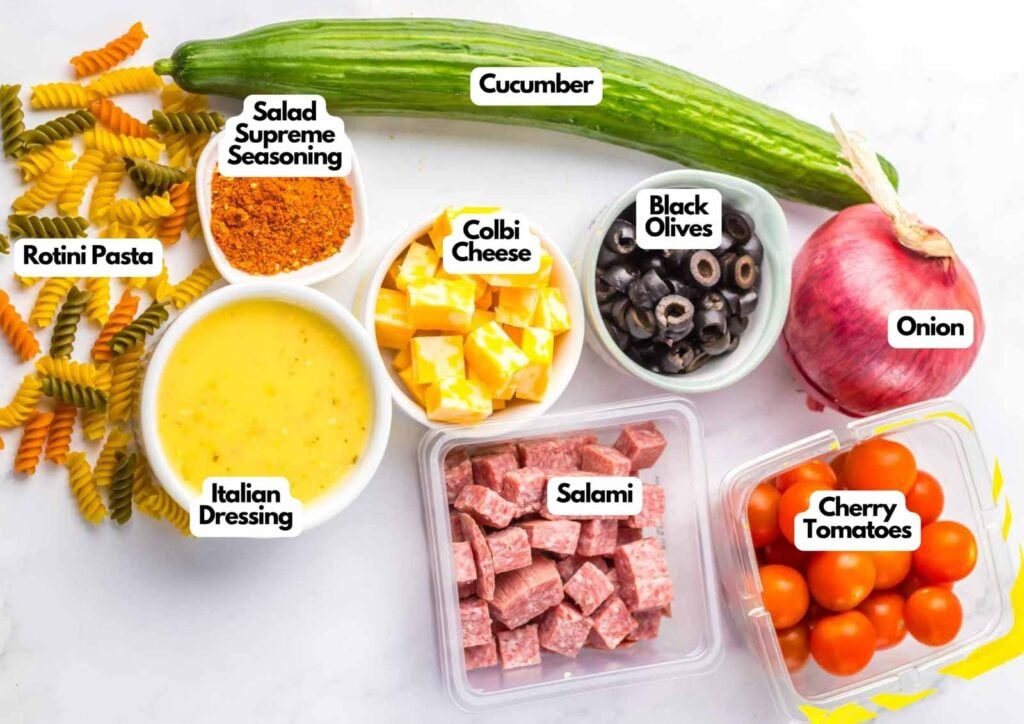Ingredients for Pasta Salad with Salami arranged on a counter: rotini pasta, salad seasoning, Italian dressing, colby cheese, salami, black olives, cucumber, red onion, and cherry tomatoes.