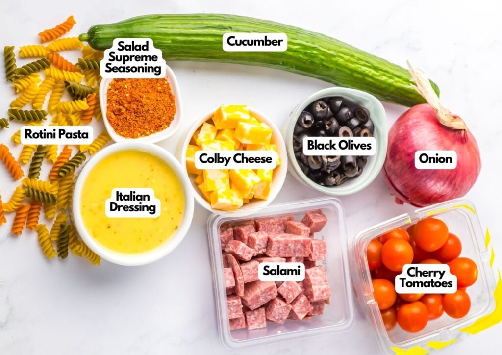 Ingredients for Pasta Salad with Salami are arranged on a white surface, including rotini pasta, Italian dressing, cucumber, cheese, black olives, salami, onion, cherry tomatoes, and salad seasoning.