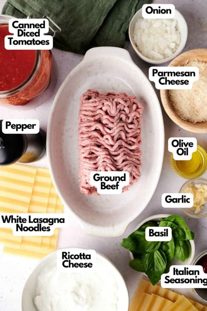 Ingredients for a delicious lasagna recipe displayed on a table: ground beef in a dish, canned diced tomatoes, chopped onion, parmesan cheese, black pepper, olive oil, garlic, basil, ricotta cheese, white lasagna noodles, and Italian seasoning.