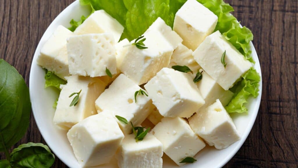 A white bowl filled with cubed pieces of white cheese garnished with green herbs and lettuce leaves, set on a wooden surface.