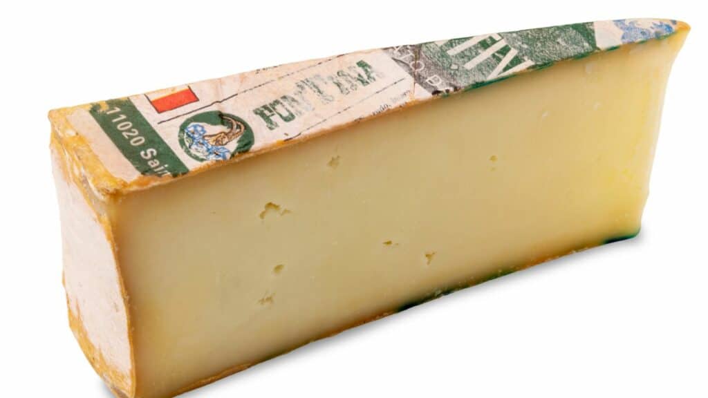 A wedge of Fontina cheese with a partially visible label displayed against a white background.