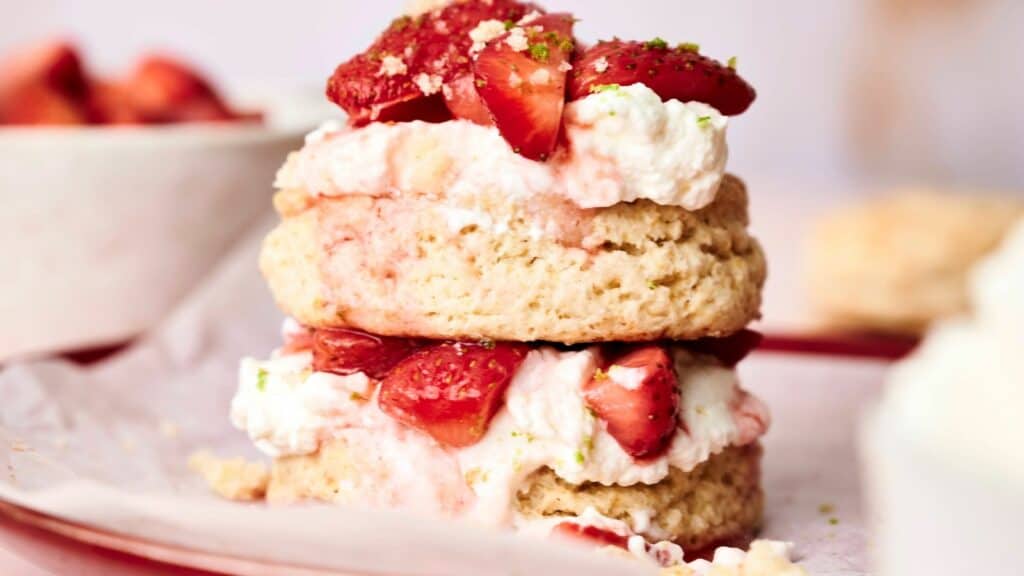 A close-up of a strawberry shortcake with fresh strawberries and whipped cream between two layers of shortcake on a plate. A bowl of sliced strawberries is visible in the background.