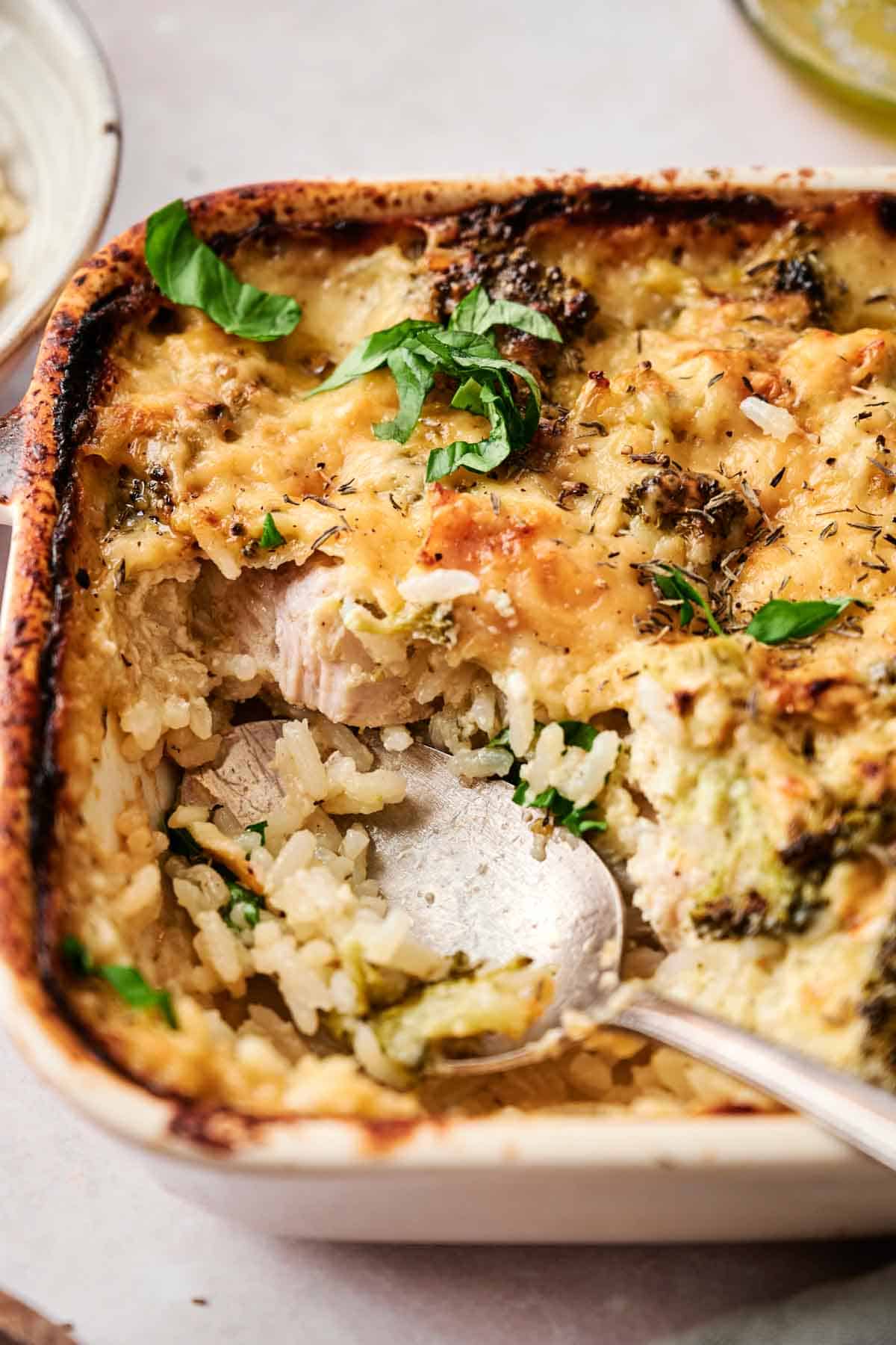 Close-up of a baked chicken and broccoli casserole dish with cheesy rice and vegetables, partially served with a spoon, garnished with fresh herbs.