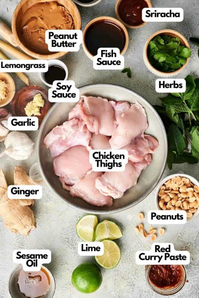 A variety of labeled ingredients are arranged around a bowl of raw chicken thighs for making delicious Thai chicken skewers, including peanut butter, sriracha, fish sauce, herbs, lemongrass, soy sauce, garlic, ginger, peanuts, lime, red curry paste, and sesame oil.