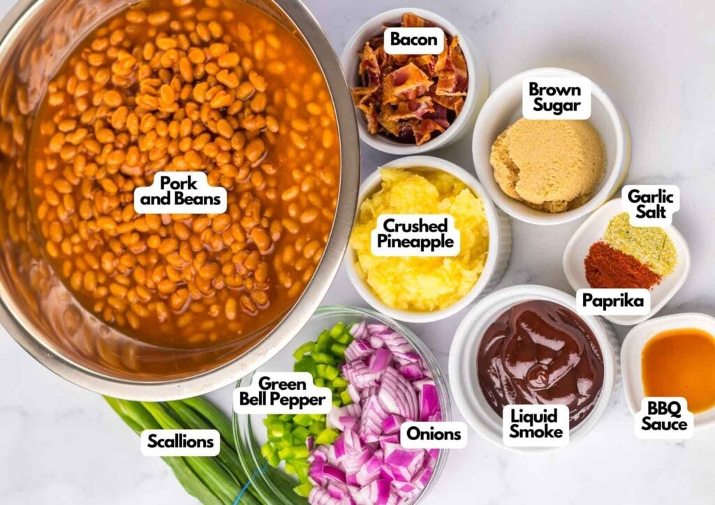 Ingredients for Hawaiian baked beans recipe arranged in bowls, including pork and beans, bacon, brown sugar, crushed pineapple, garlic salt, paprika, BBQ sauce, liquid smoke, onions, green bell pepper, and scallions.
