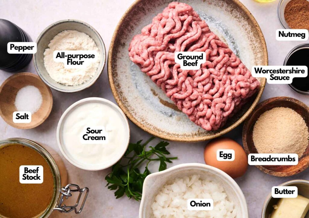 A variety of labeled ingredients for air fryer Swedish meatballs or meatloaf, including ground beef, egg, breadcrumbs, onion, sour cream, beef stock, flour, butter, salt, pepper, nutmeg, Worcestershire sauce, and parsley.