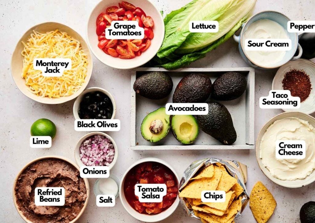 An assortment of 7 Layer Dip ingredients in bowls, including tomatoes, lettuce, cheese, avocados, cream cheese, refried beans, chips, onions, and various seasonings.
