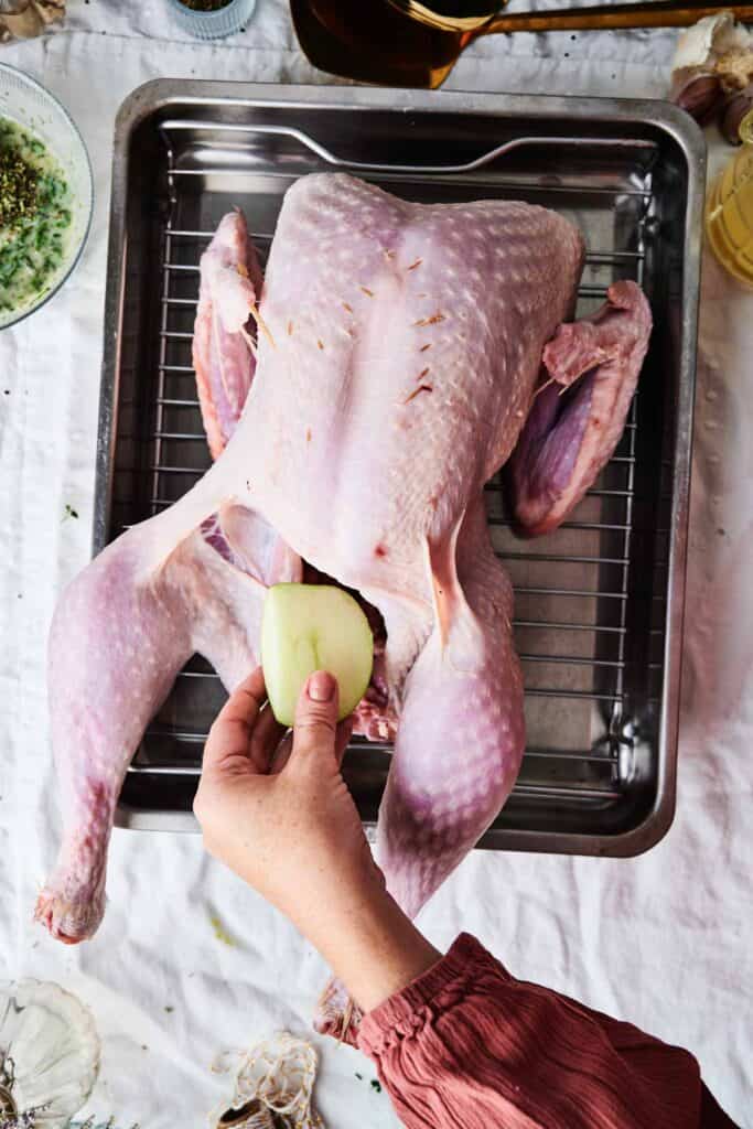 A person is inserting a piece of apple into the cavity of an uncooked whole turkey placed on a metal roasting pan, preparing it to become a perfectly roasted turkey.