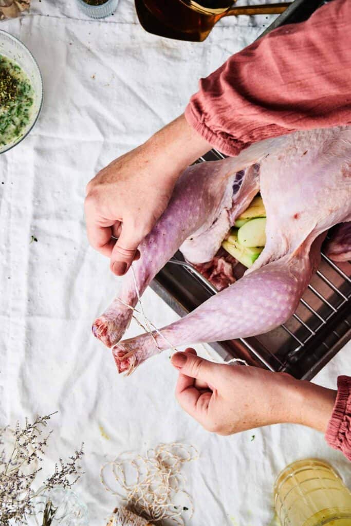 A person ties the legs of a raw turkey with twine on a roasting rack, preparing it to become a succulent roasted turkey. The turkey is partially stuffed with vegetables.