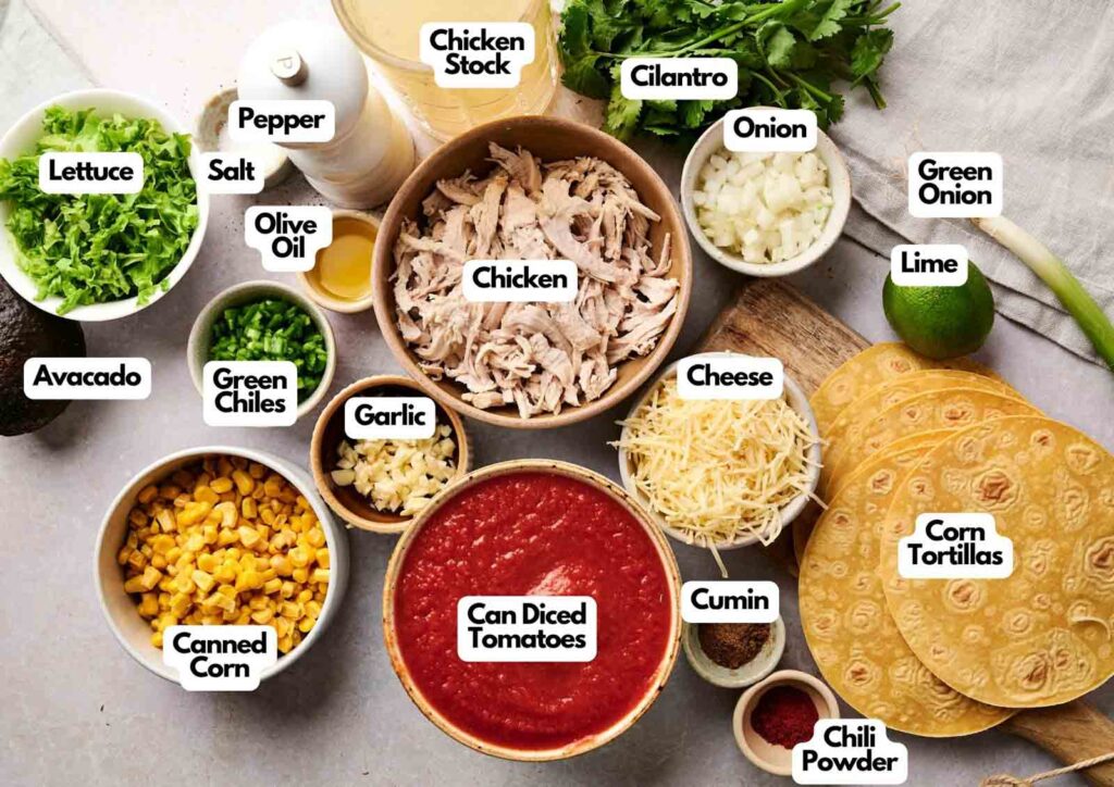 A variety of labeled taco ingredients&mdash;perfect for chicken tortilla soup&mdash;including shredded chicken, cheese, corn tortillas, diced tomatoes, corn, green chiles, avocado, lettuce, spices, and fresh herbs arranged on a table.