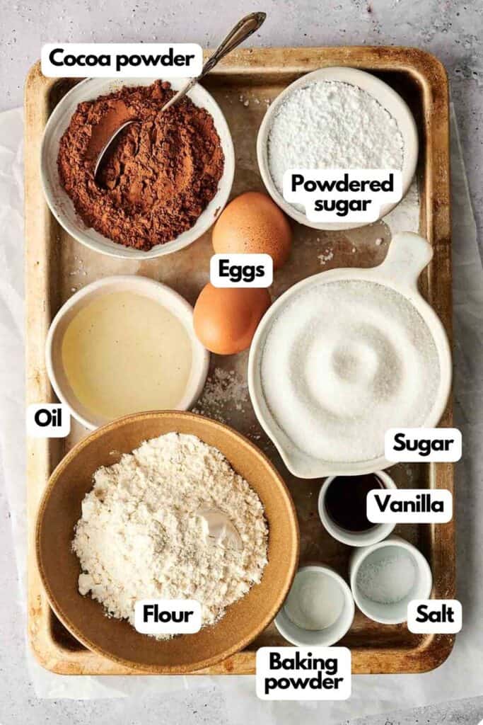 Ingredients for baking on a tray, including flour, sugar, cocoa powder, powdered sugar, eggs, oil, vanilla, salt, and baking powder.