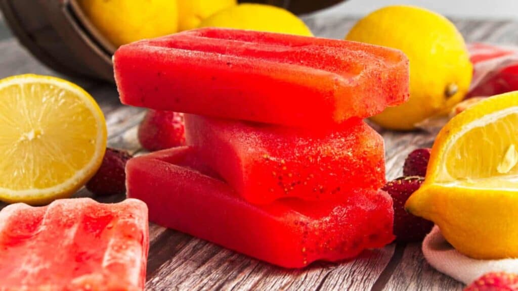Three red popsicles stacked on a wooden surface, surrounded by fresh lemons and strawberries.