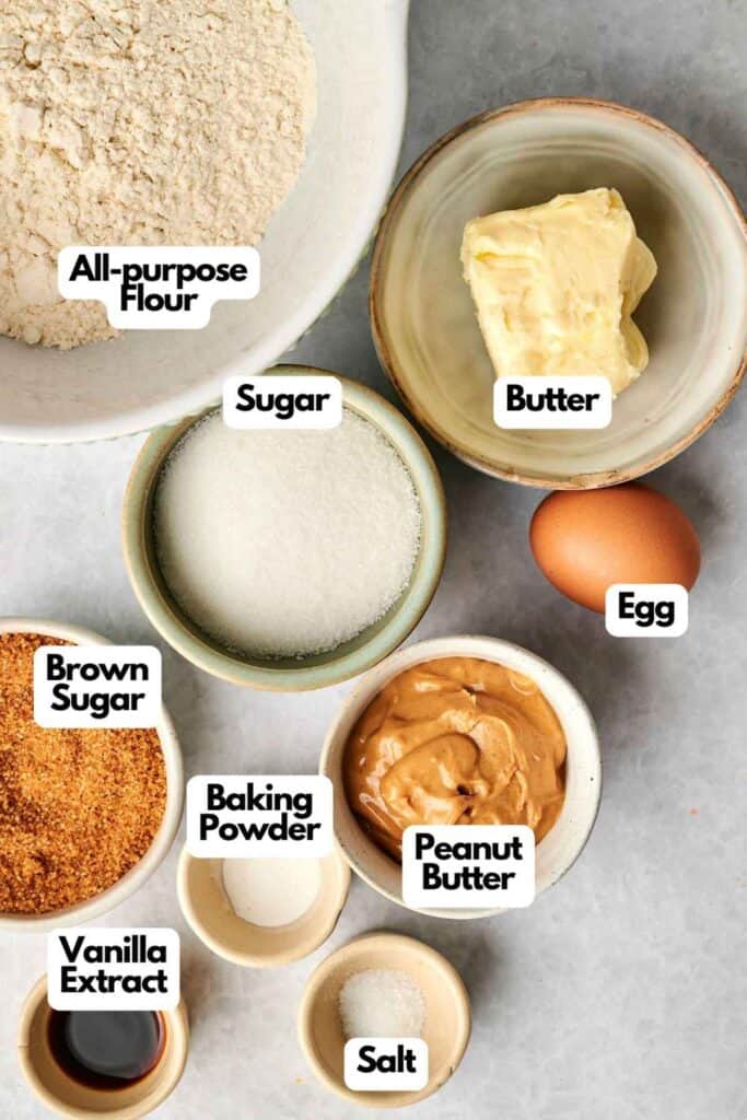 Baking ingredients on a counter: all-purpose flour, sugar, brown sugar, baking powder, vanilla extract, salt, butter, peanut butter, and an egg.