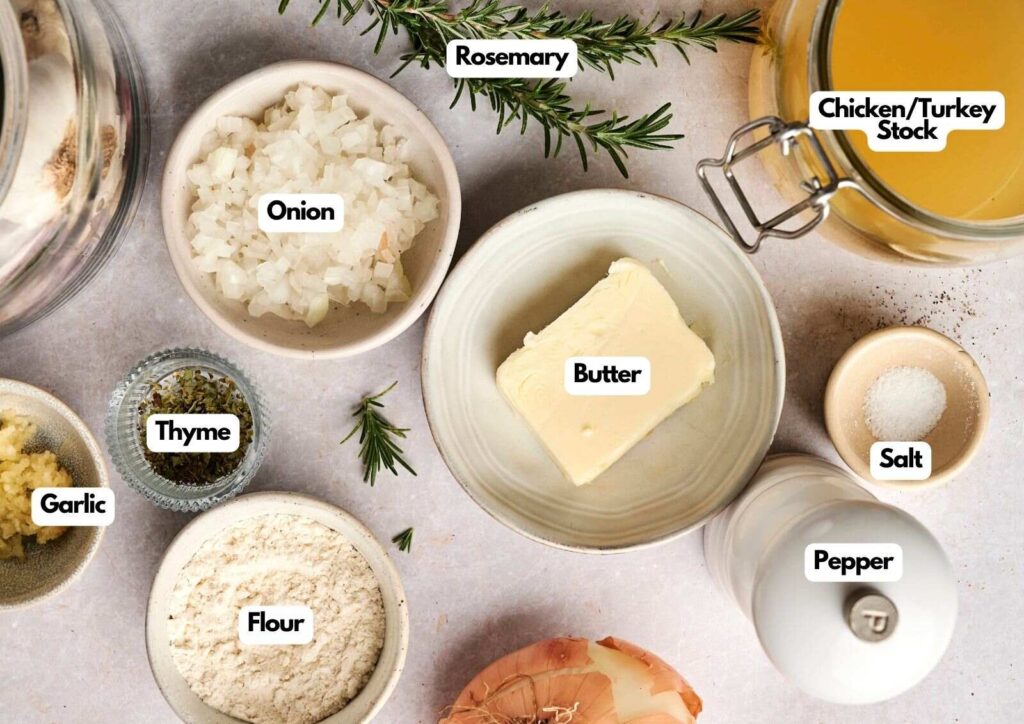 Top-down view of labeled ingredients for Turkey Gravy, including butter, chopped onion, chicken or turkey stock, salt, pepper, flour, thyme, garlic, and rosemary on a kitchen counter.