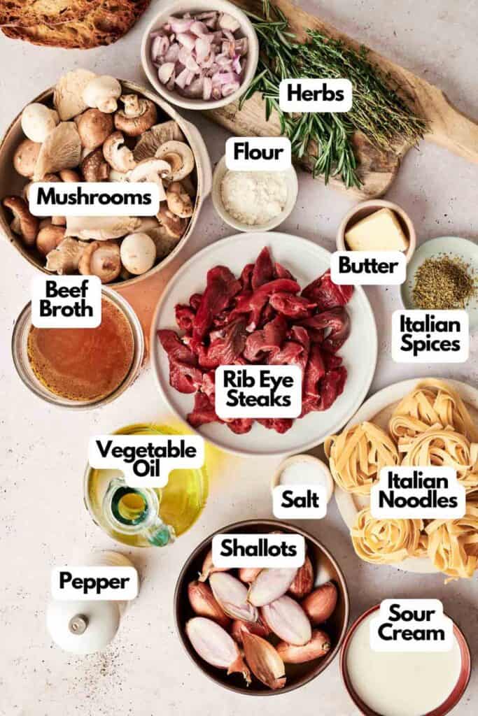 The ingredients for Beef Stroganoff are artfully arranged, featuring mushrooms, rib eye steaks, Italian noodles, shallots, vegetable oil, sour cream, beef broth, herbs, spices, flour, butter, salt, and pepper.