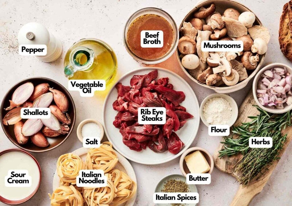 A top view of labeled ingredients for Beef Stroganoff, including rib eye steaks, mushrooms, shallots, beef broth, flour, herbs, Italian noodles, spices, sour cream, butter, salt, pepper, and oil.