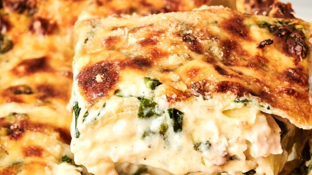 Close-up of a slice of chicken Alfredo lasagna with a layer of golden cheese topping.