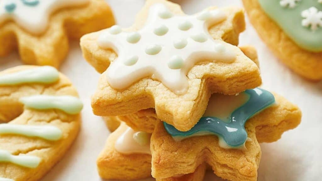 A close-up of decorated star-shaped sugar cookies with white and pastel icing.