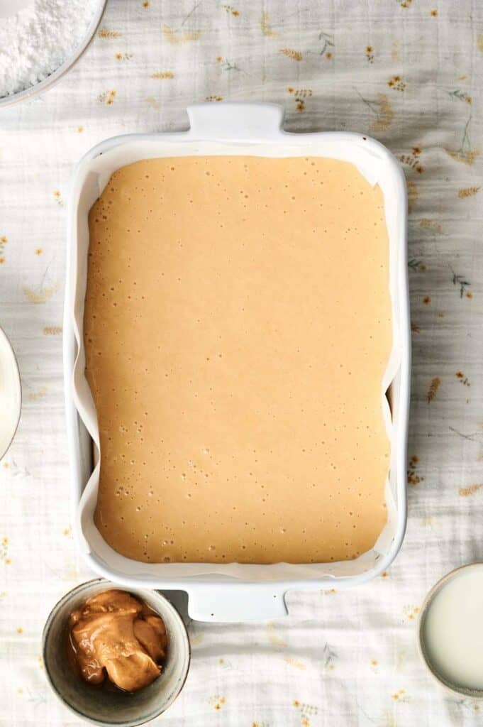 Batter for a Peanut Butter Cake rests in a white rectangular baking dish on a patterned cloth, with a small bowl of batter and a cup nearby.