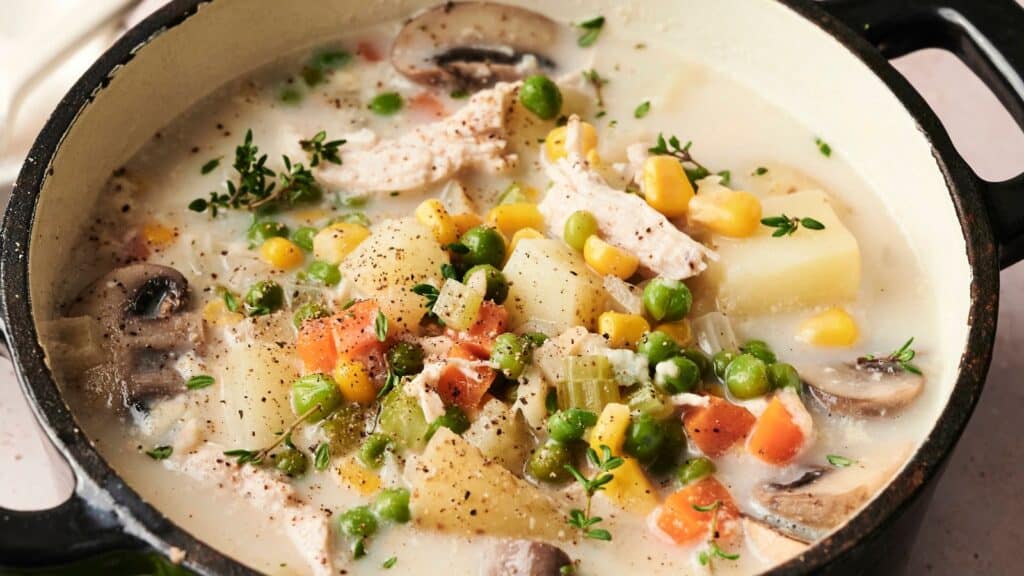 A pot of creamy chicken stew with vegetables, including peas, corn, carrots, potatoes, and mushrooms, garnished with fresh herbs.