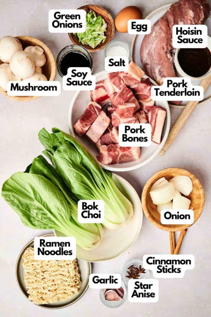 A collection of ingredients for tonkotsu ramen includes pork bones, pork tenderloin, an egg, soy sauce, hoisin sauce, salt, mushrooms, green onions, bok choy, ramen noodles, onion, garlic, cinnamon sticks and star anise.