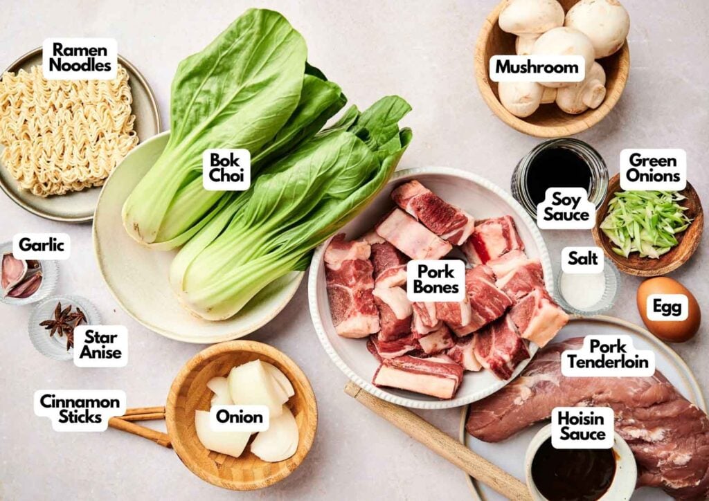 Top-down view of tonkotsu ramen ingredients, including uncooked ramen noodles, bok choi, pork bones, pork tenderloin, mushroom, green onions, egg, garlic, star anise, cinnamon sticks, onion, salt, soy sauce, and hoisin sauce.
