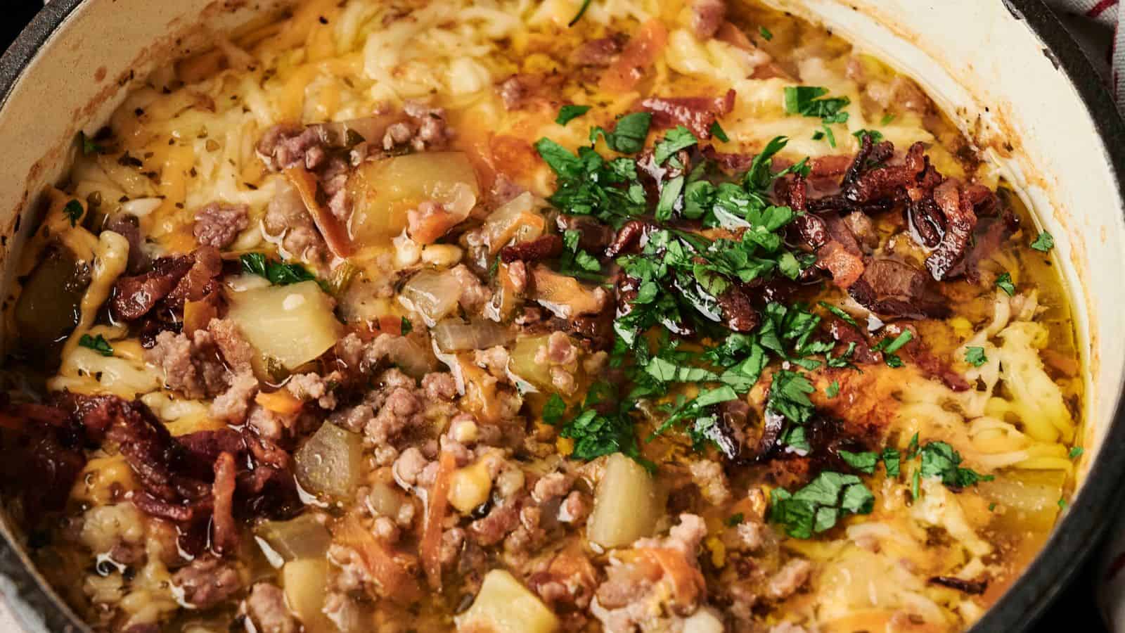 A hearty stew in a pot contains ground meat, potato chunks, melted cheese, bacon pieces, and fresh parsley.