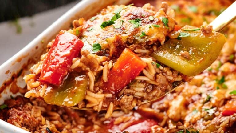 A spoonful of stuffed pepper casserole with ground meat, rice, tomato sauce, and red and green bell peppers, garnished with chopped parsley.