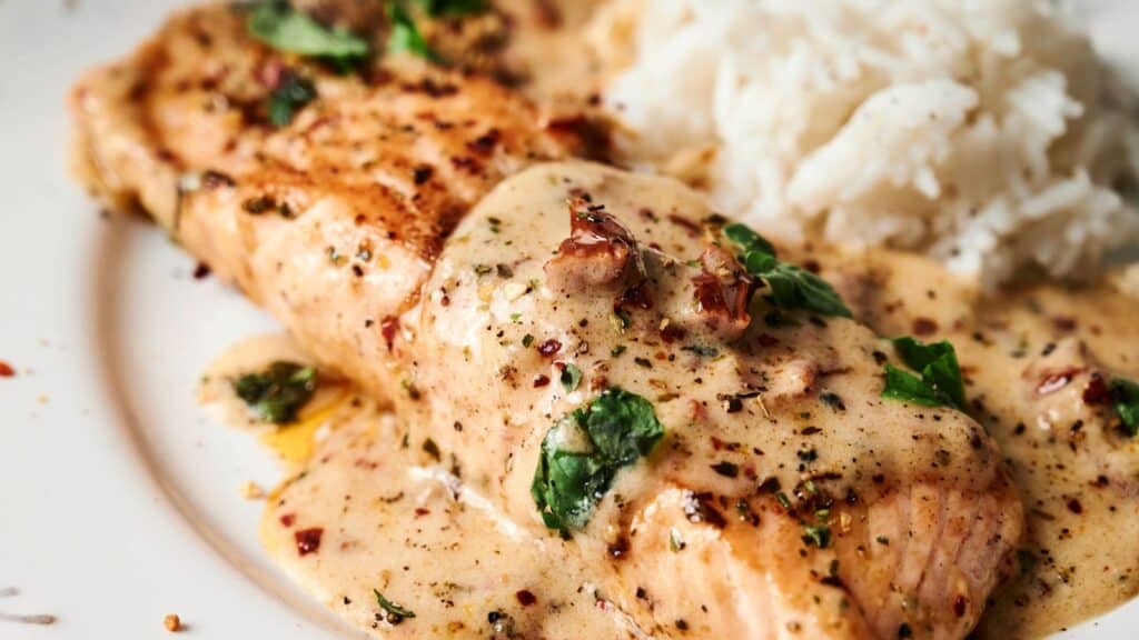 Grilled salmon fillet topped with a creamy herb sauce, served next to a portion of white rice.