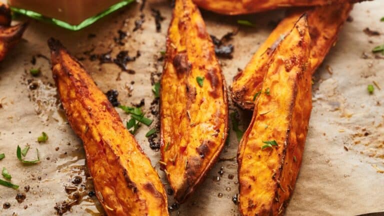Close-up of roasted sweet potato wedges on parchment paper, sprinkled with herbs and seasoning.