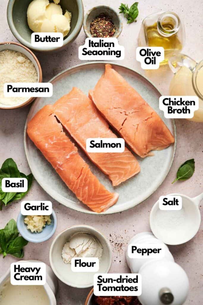 Top-down view of a plate with three salmon fillets surrounded by various ingredients including butter, parmesan, olive oil, chicken broth, basil, and more, each labeled accordingly.