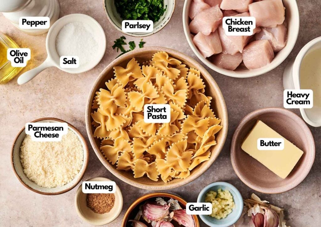 Ingredients for a chicken alfredo pasta dish arranged on a table, including short pasta, chicken breast, heavy cream, butter, parsley, olive oil, pepper, salt, parmesan cheese, nutmeg, and garlic.