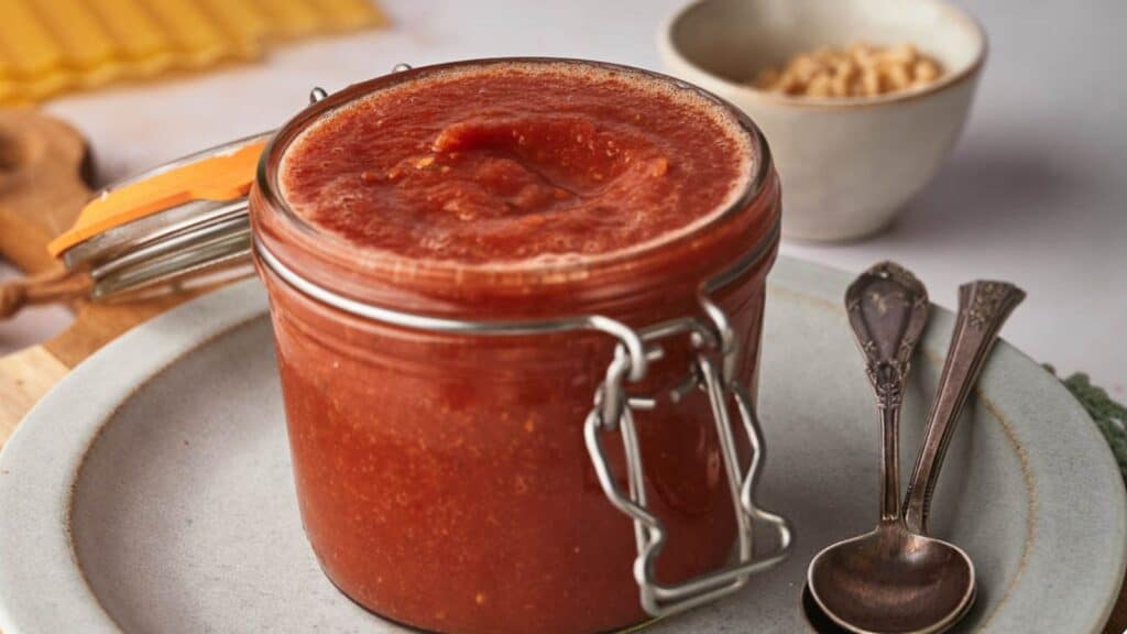 Jar of tomato sauce with a metal clasp, placed on a white plate. Two spoons rest beside it, with a bowl of pine nuts in the background.
