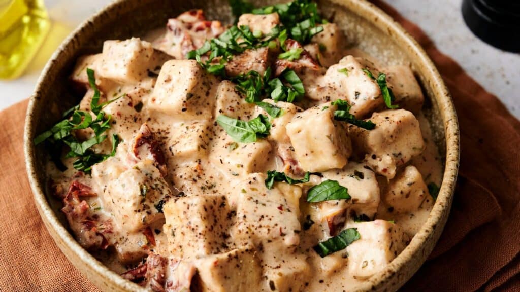 Creamy tofu dish with sun-dried tomatoes and fresh herbs in a beige bowl on a brown cloth.