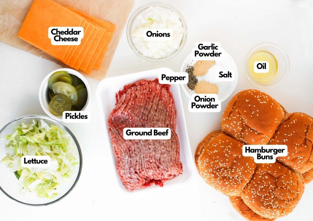 Ingredients for Big Mac Sloppy Joes are arranged on a white surface, including ground beef, hamburger buns, cheddar cheese, lettuce, pickles, onions, and seasonings.