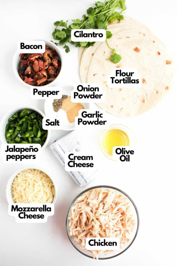 Ingredients for Jalapeño Popper Chicken Quesadillas are displayed on a white surface, featuring flour tortillas, cilantro, bacon, peppers, spices, jalapeño peppers, cream cheese, olive oil, mozzarella cheese, and shredded chicken.