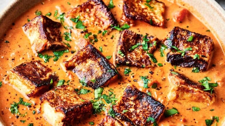 A bowl of curry with roasted paneer cubes, garnished with chopped cilantro and spices.