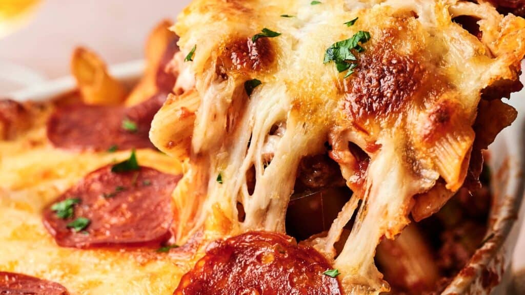 Close-up of a cheesy pepperoni pasta bake, featuring melted cheese and pepperoni slices, garnished with chopped parsley.