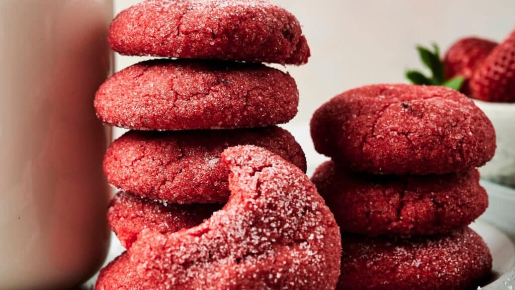 Two stacks of red sugar cookies, one with a cookie that has a bite taken out, are arranged next to a glass of milk and some strawberries.